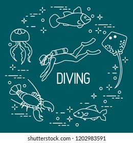 Diver, jellyfish, lobster, stingray, fish. Sports and recreation theme. 