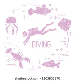 Diver, jellyfish, lobster, stingray, fish. Sports and recreation theme. 