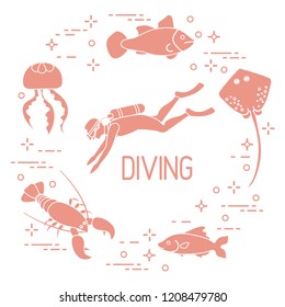 Diver, jellyfish, lobster, stingray, fish. Sports and recreation theme. 