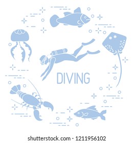 Diver, jellyfish, lobster, stingray, fish. Sports and recreation theme. 