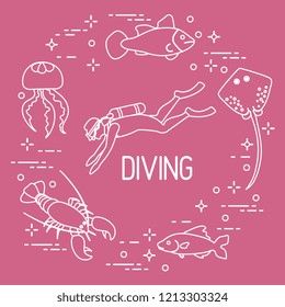 Diver, jellyfish, lobster, stingray, fish. Sports and recreation theme. 