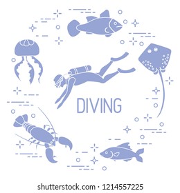 Diver, jellyfish, lobster, stingray, fish. Sports and recreation theme. 