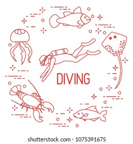 Diver, jellyfish, lobster, stingray,and fish. Sports and recreation theme. 