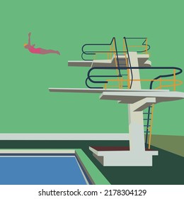 Diver jumping off diving board at lido pool - 50s style