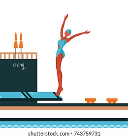  Diver Jumping On Diving Platform With Swimming Pool.