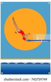  Diver jumping on Diving platform with swimming pool.