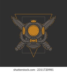 diver and knife hand drawn illustration vintage for t shirt. vector illustration diver for apparel retro style