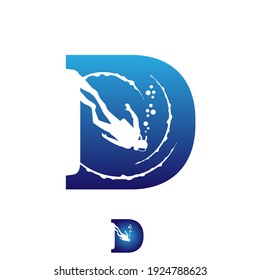 Diver letter based initial D symbol vector illustration. Deep dive into the sea
for sport, tourism hobby and leisure symbol