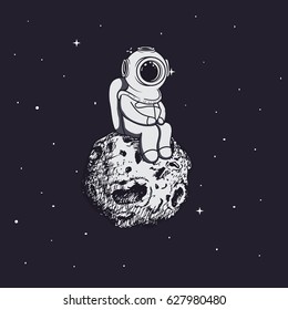 Diver like a astronaut sits on asteroid .Childish vector illustration.