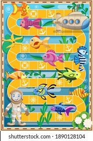 A diver is looking for a submarine. Board game. Vector illustration.