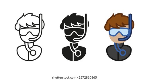 Diver man icon. Snorkeling uniform vector illustration. Scuba diver character symbol. Swimsuit with diving mask and tube equipment. Diver person wetsuit sign. Underwater swimwear pictogram. Scuba dive