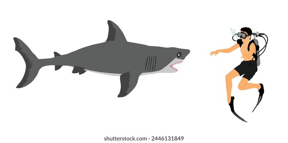 Diver man outside diving cage observing great white shark vector illustration isolated. Swimming boy biology research. Explorer against shark. Scary scene marine wildlife. Help ocean beach swimmers.