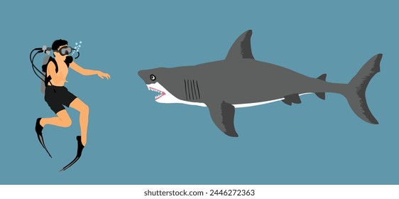 Buceador fuera de la jaula de buceo observando gran Ilustración vectorial de tiburón blanco aislado. Investigación de biología del niño nadador. Explorador contra tiburón. Escena aterradora de la vida marina. Ayudar a los nadadores de playa oceánica.