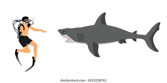 Buceador fuera de la jaula de buceo observando gran Ilustración vectorial de tiburón blanco aislado. Investigación de biología del niño nadador. Explorador contra tiburón. Escena aterradora de la vida marina. Ayudar a los nadadores de playa oceánica.