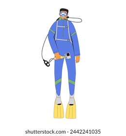 Diver man swimming in water suits, oxygen masks camera and equipment for scuba and snorkel. Flat line art vector illustration isolated on white background