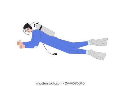 Diver man swimming in water suits, oxygen masks and equipment for scuba and snorkel. Flat line art vector illustration isolated on white background