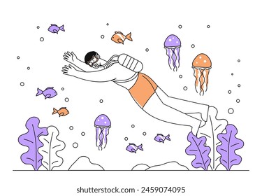 Diver man underwater linear. Young guy with oxygen under water. Active lifestyle and leisure. Extreme sports. Sea or ocean researching. Doodle flat vector illustration isolated on white background