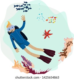Diver man waving hand under the water with fishes, starfish and corals on the background. Flat summer illustration