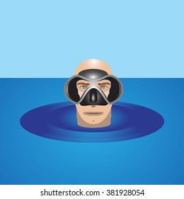 Diver in mask comes up from the water. Vector illustration
