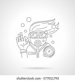 Diver with mask console shows sign OK underwater. Detailed flat line style icon