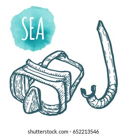 diver mask drawing on white background. Hand drawn outline illustration.
