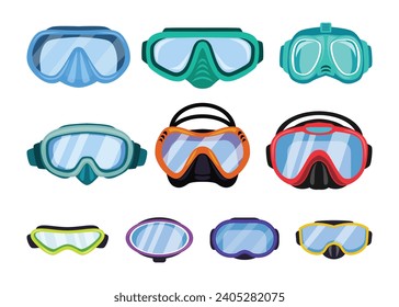 Colección de mascarillas de buceo, Juego de Máscaras de buceo, conjunto de diferentes herramientas de buceo Scuba, Gafas submarinas, boquilla para accesorios de natación aislados en fondo blanco.