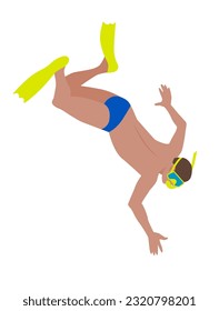 Diver in a mask with a snorkel and fins. Vector color isolated illustration