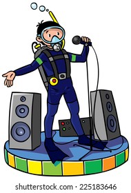 Diver with microphone and loudspeakers on a stage.