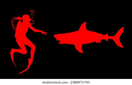 Diver observing a great white shark vector silhouette illustration isolated.  Swimming biology research. Brave explorer against shark under water. Scary scene in marine wildlife. Help beach swimmers.