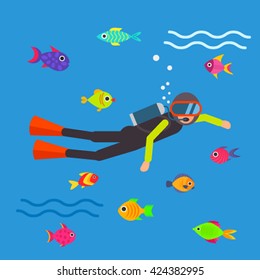 The diver in the ocean in a flat style.  icon in cartoon style. Vector illustration