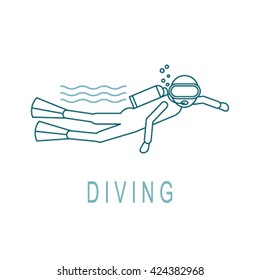 The diver in the ocean in a flat style. Diver in a linear style icon Vector illustration