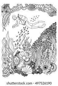 Diver in ocean with many fishes. Vector image in black and white.