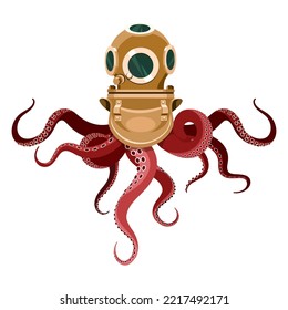 Diver octopus. Ocean kraken in diving helmet cartoon vector illustration, deep dive tattoo isolated, old swim helm with tentacles