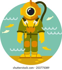 Diver in old diving suit underwater background