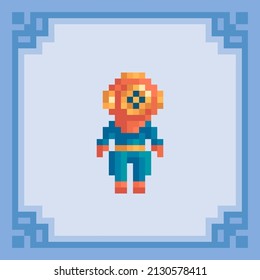 Diver in old diving suit. Pixel art character. Vector illustration in 8 bit style
