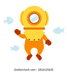 Diver in an old suit with fishes on a white background. Flat design for card or t-shirt. Vector illustration