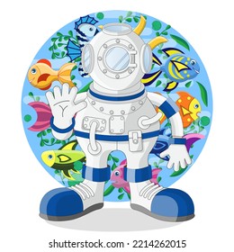 Diver on the background of the underwater world. Isolated on white background. Vector illustration.