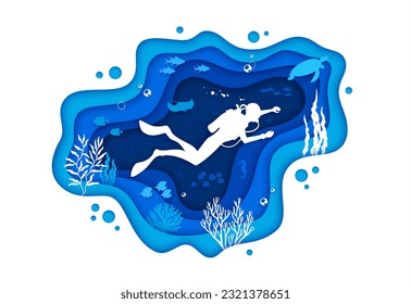 Diver on the ocean bottom. Sea paper cut underwater landscape with schools of fish, swaying coral reefs, and various marine creatures, providing breathtaking and immersive experience for diving