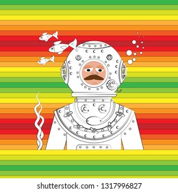 Diver on a striped multicolor background. Stylized retro fantasy. Vector illustration