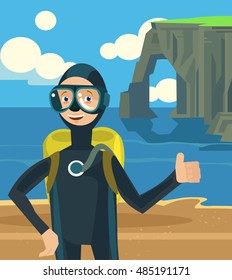 Diver on vacation character. Vector flat cartoon illustration