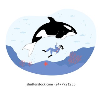 Diver and orca. Woman scuba diving near whale. Dangerous marine life, exploring underwater world. Young girl in wildlife. Linear flat vector illustration isolated on white background