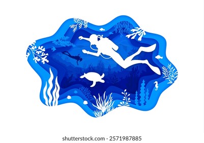 Diver at the paper cut underwater landscape poster. Underwater world landscape paper cut vector banner. Seabed wildlife 3d background with scuba divers, turtle, fishes and seaweed plants silhouettes