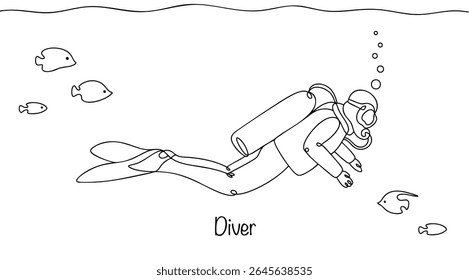 A diver is a person who practices underwater diving using an aqualung. He or she may be engaged in sport diving, research diving, photography diving, or professional underwater work. Vector.