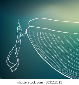 Diver petting the whale at depth. White contours