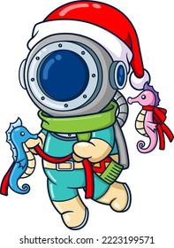 The diver is playing with the sea horse in the ocean while wearing santa hat of illustration