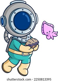 The diver playing with sea shell and cuttlefish of illustration