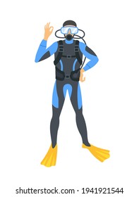 The diver poses and shows hello. Vector flat design illustration on white background.