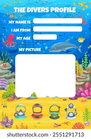 Diver profile form cartoon vector template with marine life and spaces to fill in personal details. Frogman or diving club member account registration form with diver helmets and sea bottom landscape