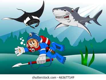 diver pursue sharks and stingray, vector and illustration