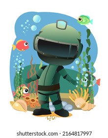 Diver In Retro Scuba Gear Does Not Know. Guy In Underwater Suit Bottom Of Pond. Funny Cartoon Style. Extreme Sports. Person In Lake. Air Bubbles. Boy Swim. Isolated On White Background. Vector.